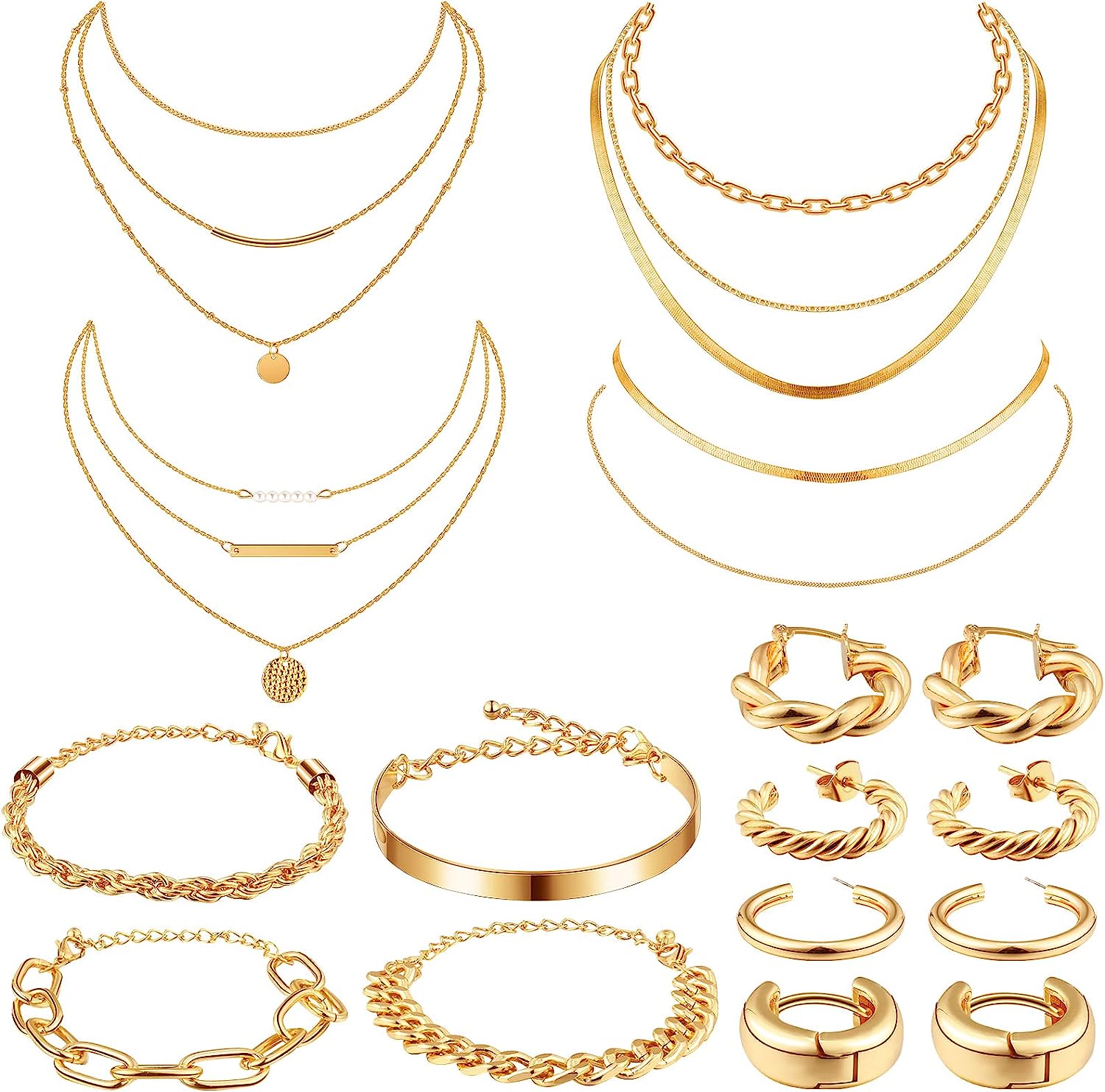 230816040000827_1 Tiamon 12 Pcs 90s Silver Gold Jewelry Set for Women Men 4 Earring Sets 4 Necklace 4 Bracelets for Girl Punk - Image 1